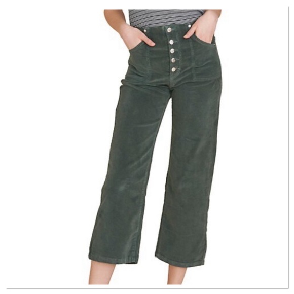Veronica Beard Pants - Veronica Beard Crosbie Wide Leg High Rise Corduroy Cropped Pants Green Size 32